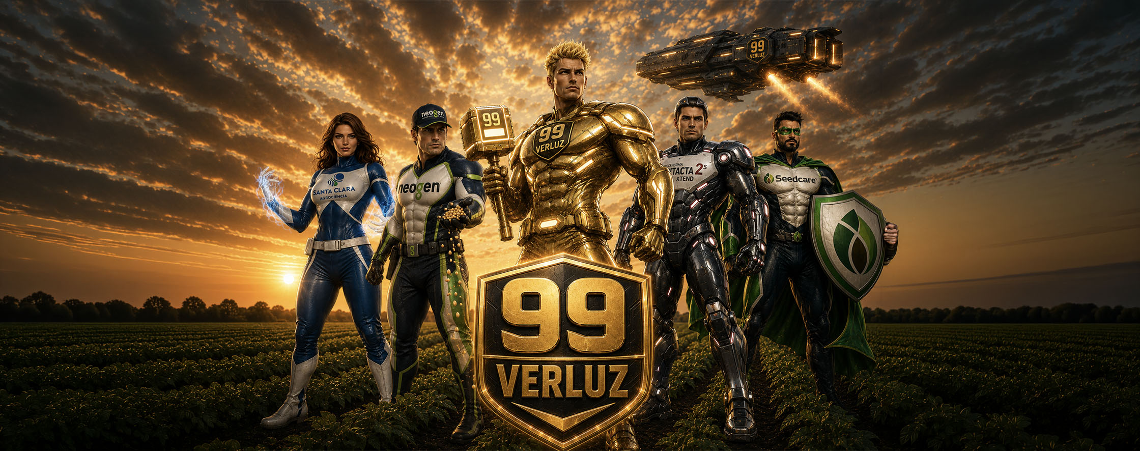 Personagens do Esquadrão 99 apresentados pela Verluz Sementes na Showtec 2026, representando vigor, genética, proteção e tecnologia para alta performance no campo.