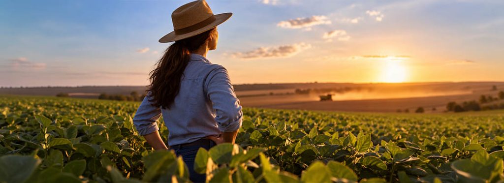 Mulher atuando no campo durante atividade agrícola, representando a participação feminina no agronegócio.